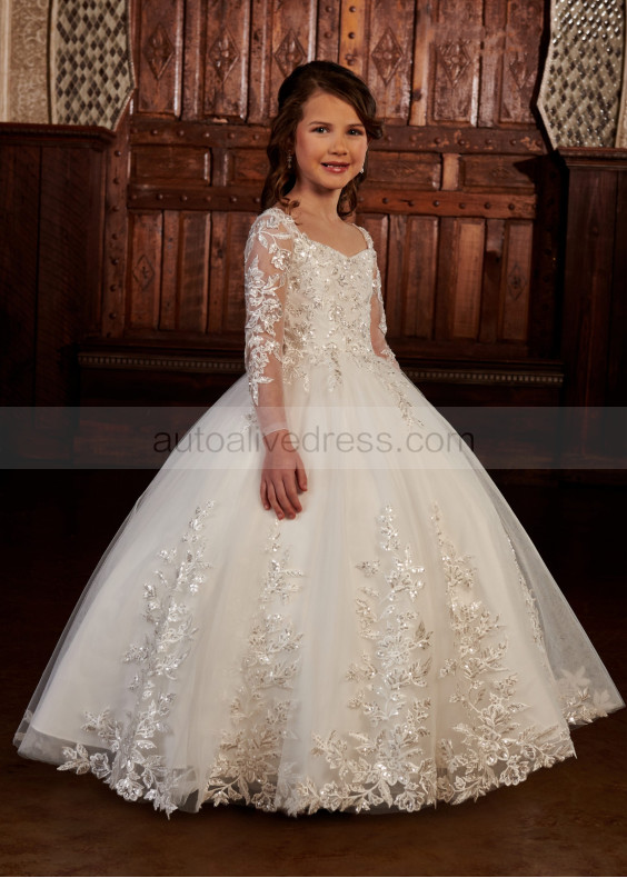 Long Sleeves Ivory Sequined Lace Applique Tulle Flower Girl Dress